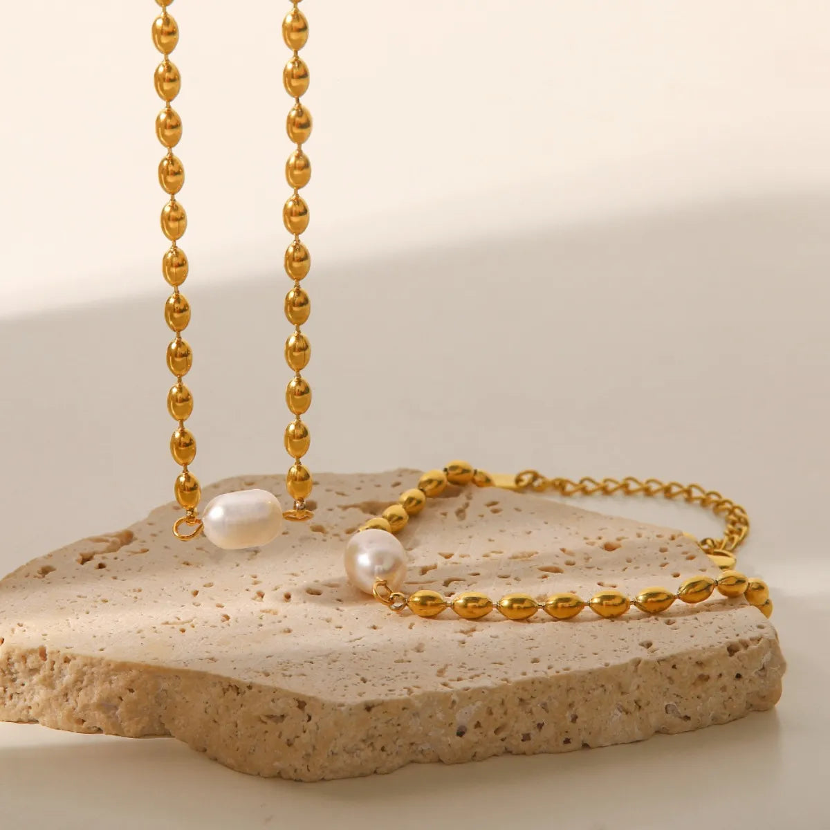 Pearl & Gold Beaded Chain Necklace and Bracelet Set Secondary image