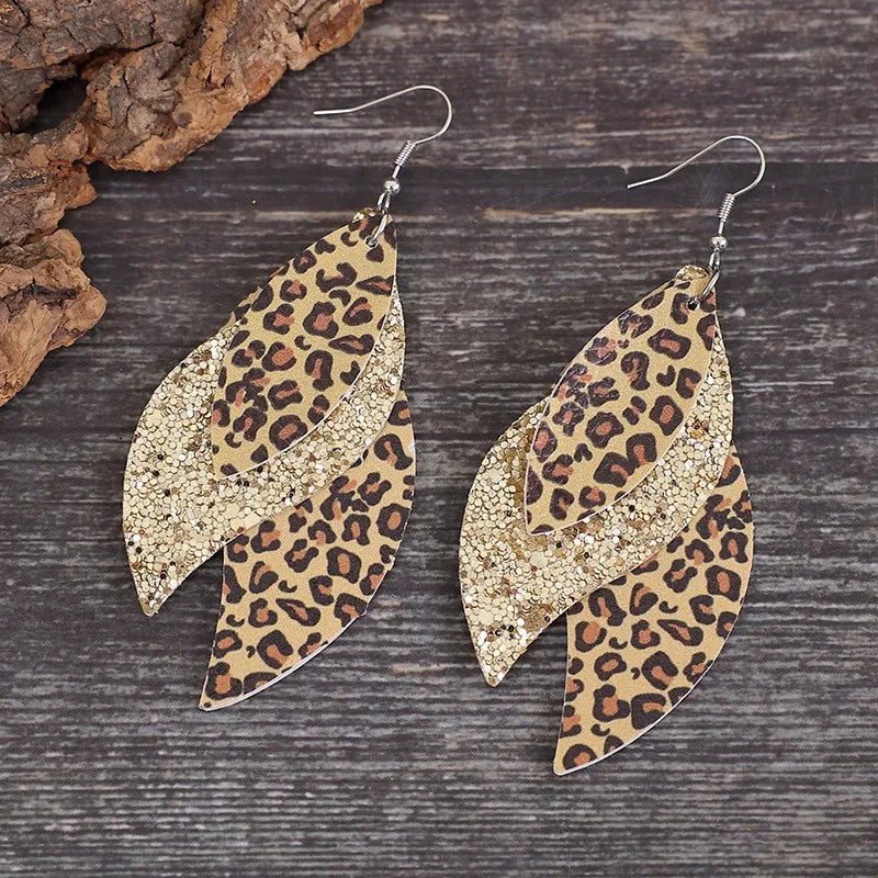 Leopard Print Layered Leaf Drop Earrings Secondary image