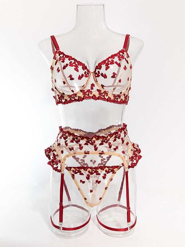 Floral Embroidered Bra & Garter Set