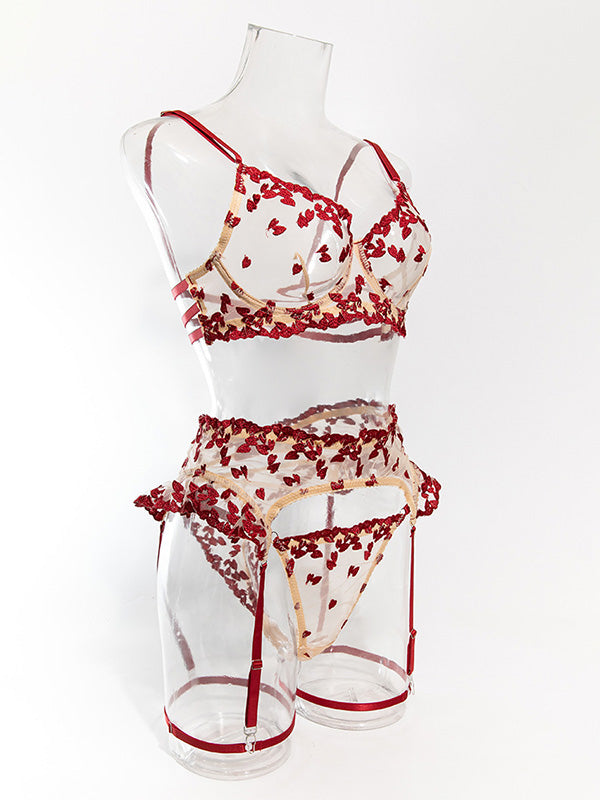 Floral Embroidered Bra & Garter Set