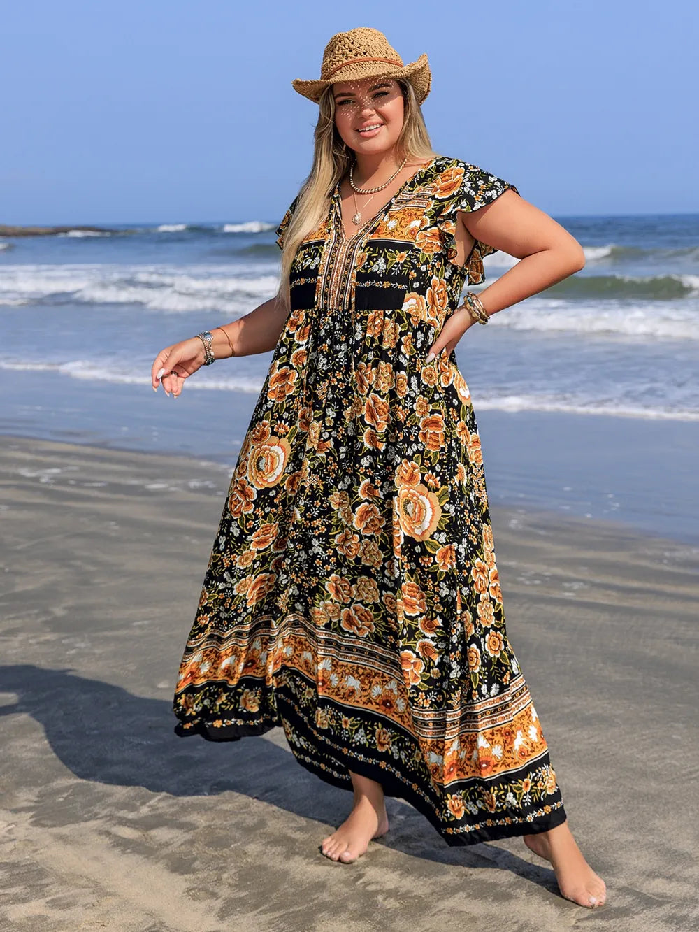 Plus Size Floral Print V-Neck Ruffle Sleeve Maxi Dress Secondary image