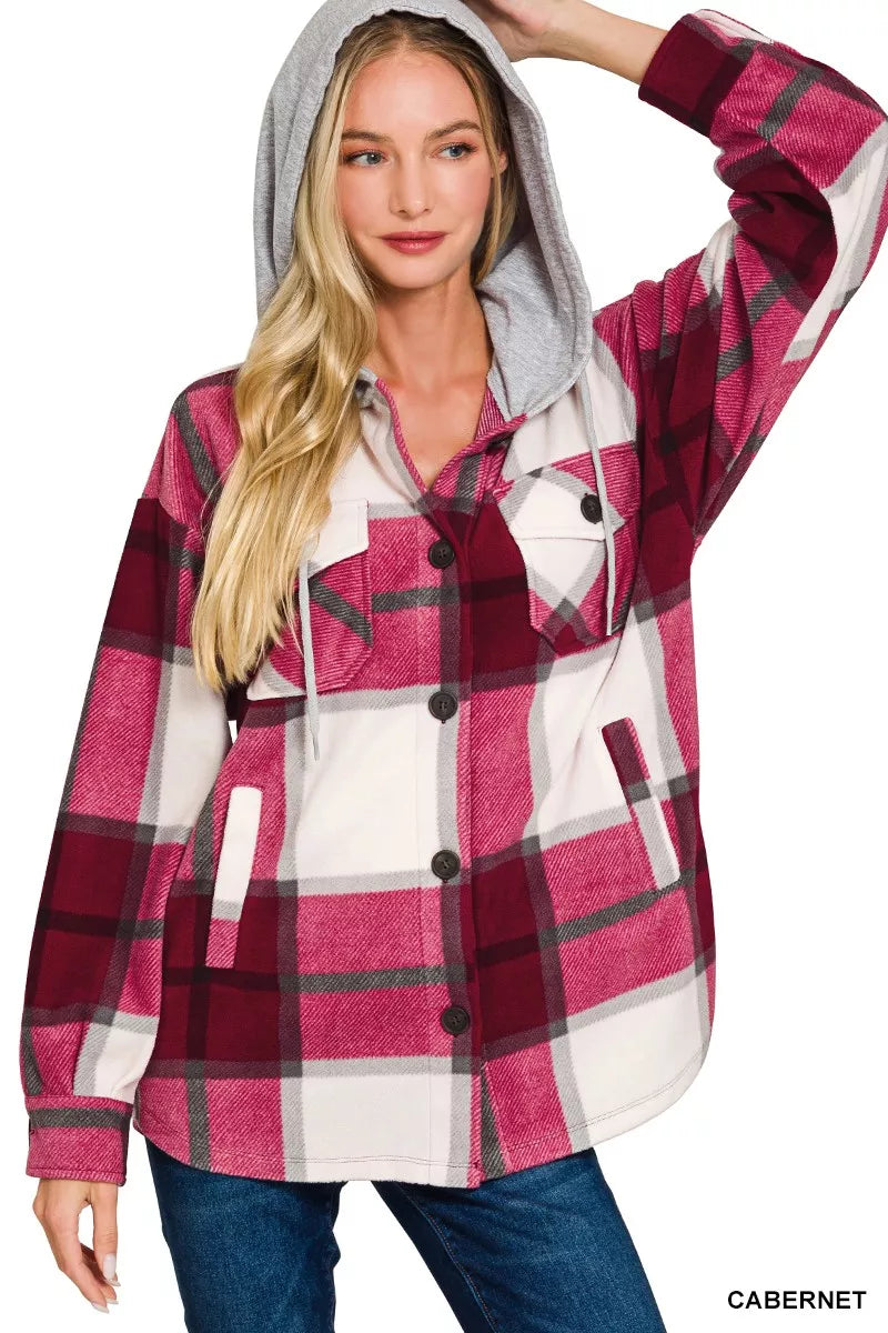 Plaid Hooded Fleece Shacket Secondary image