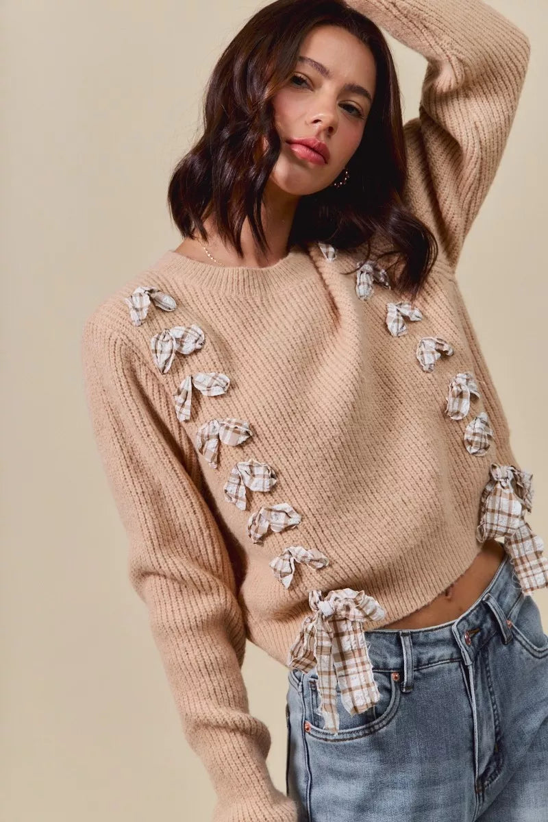 Checkered Plaid Lace-Up Ribbed Sweater Secondary image