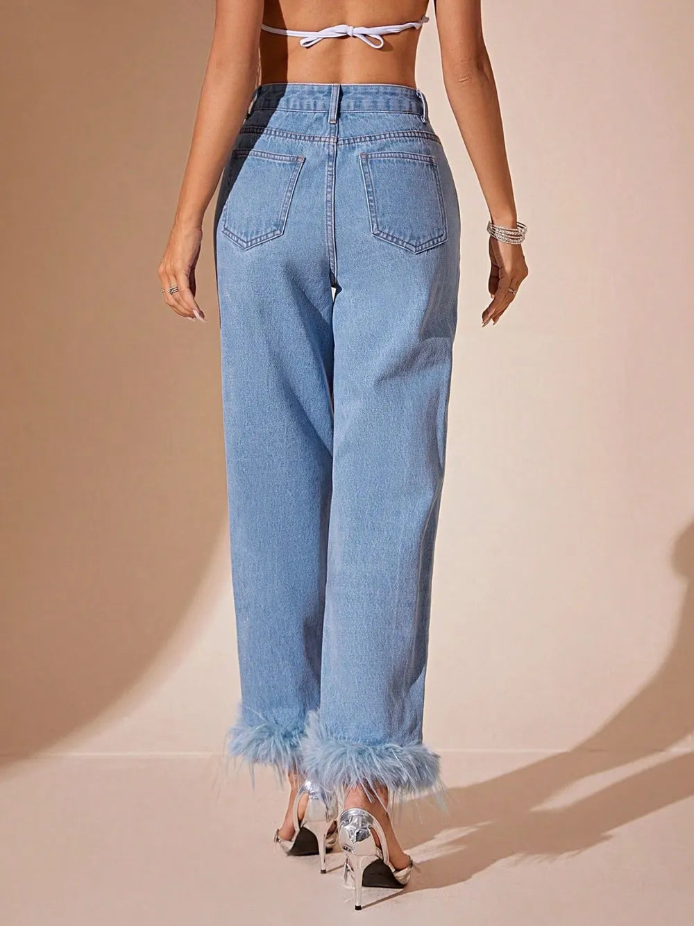 Faux Fur Hem High-Rise Straight Jeans Secondary image