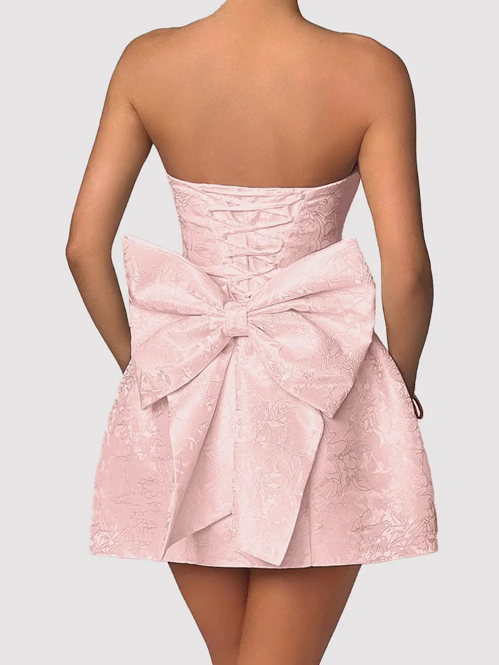 Blush Pink Strapless Satin Mini Dress with Bow Detail Secondary image