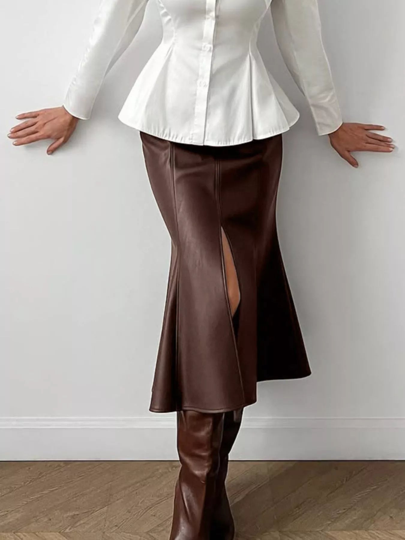 Faux Leather Slit Mermaid Midi Skirt Secondary image