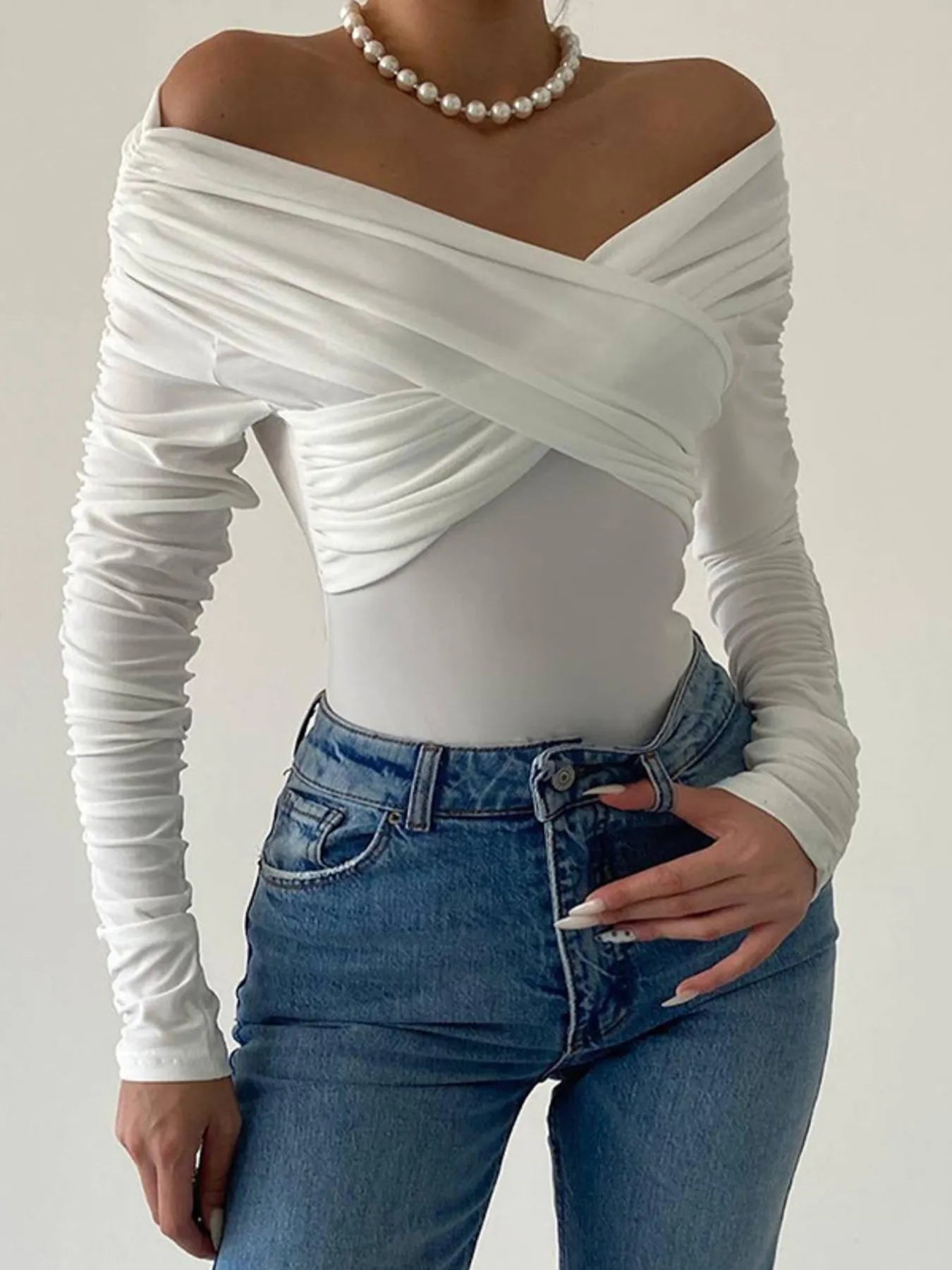 Off-Shoulder Ruched Long Sleeve Bodysuit Secondary image