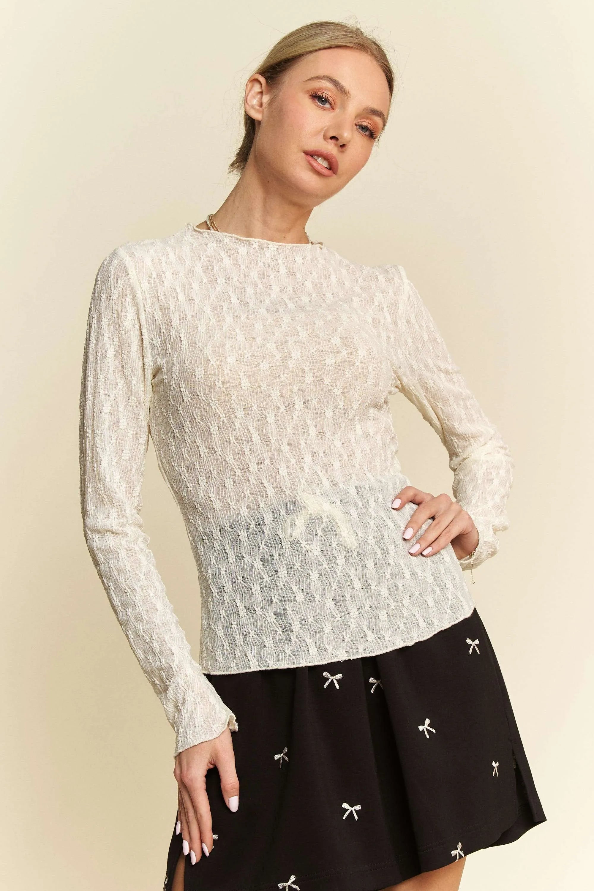 Cream Sheer Lace Long-Sleeve Top Secondary image