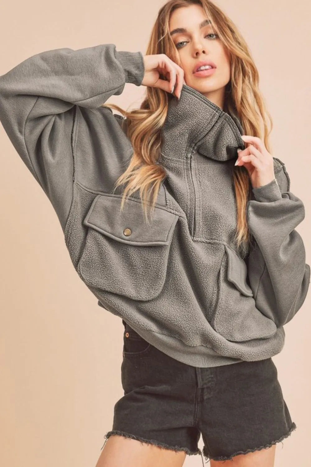 Exposed Seam Half-Zip Sweatshirt with Pockets Secondary image