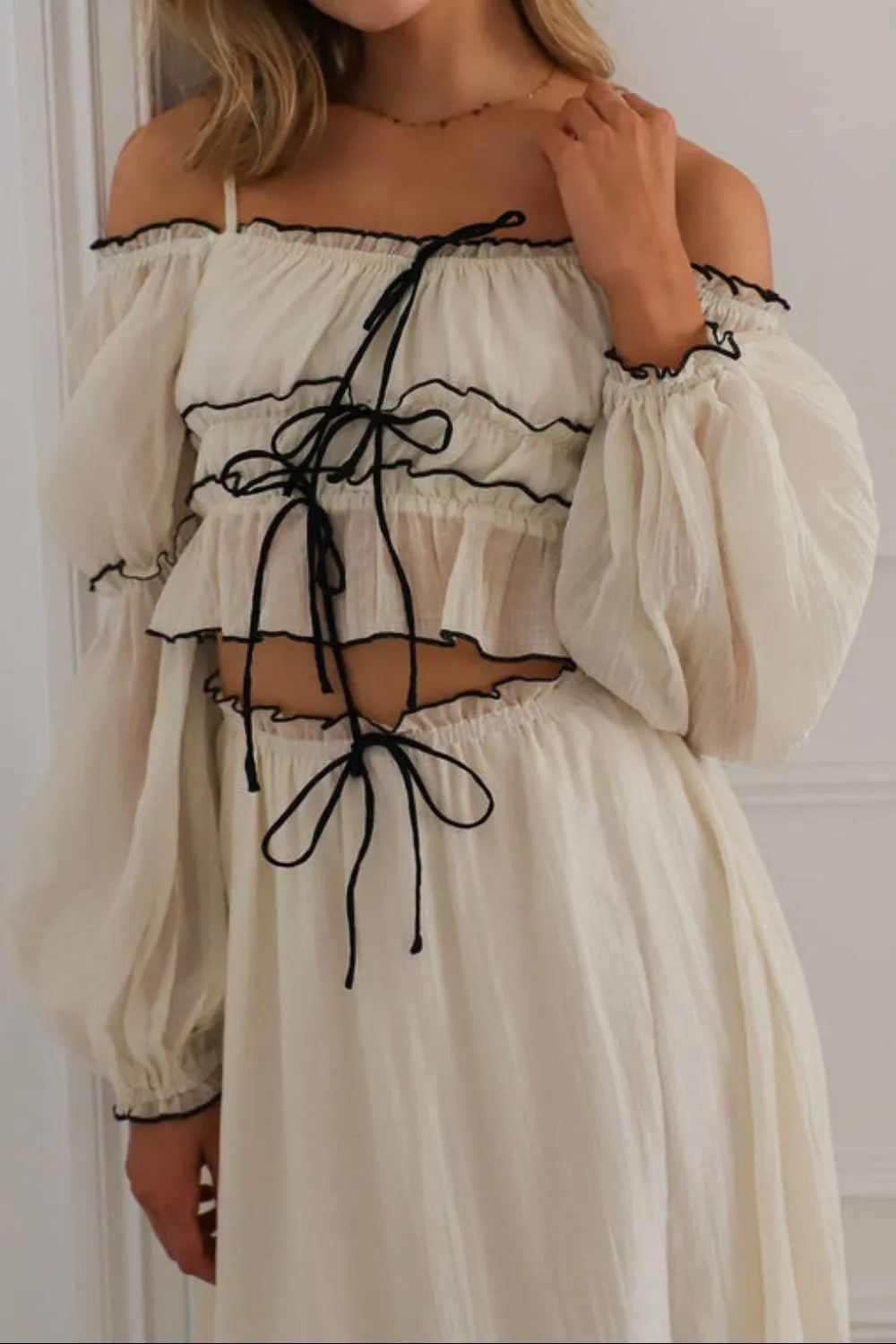 Cream Off-Shoulder Ruffle Top & Skirt Set Secondary image