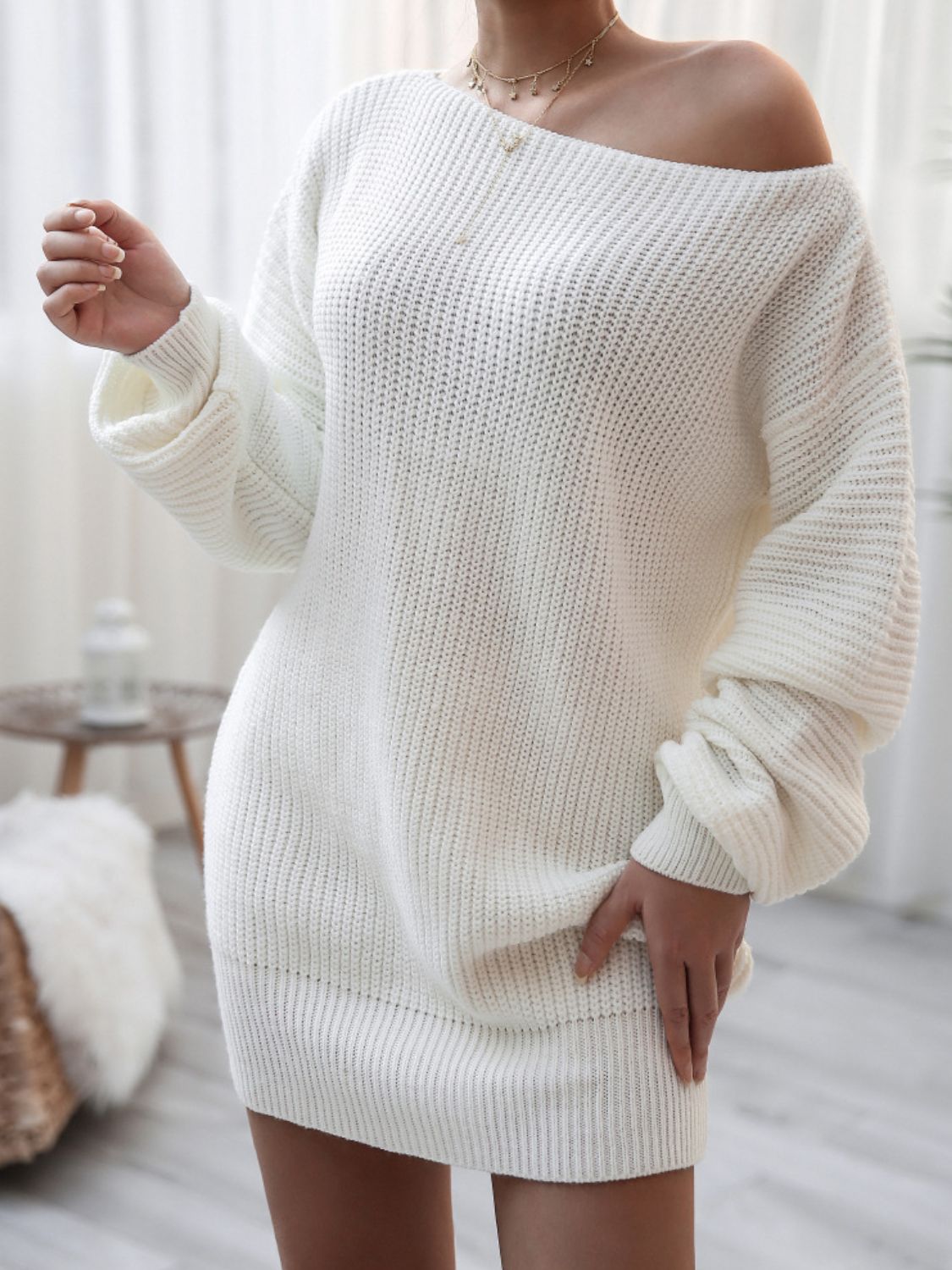 Balloon Sleeve Boat Neck Sweater Mini Dress Secondary image