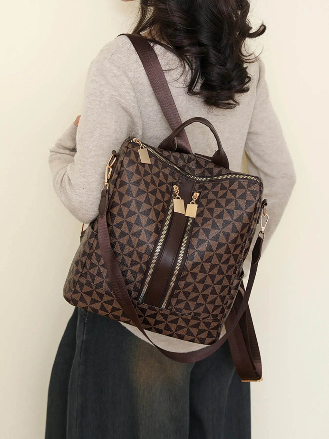 Geometric Print Leather Backpack Secondary image
