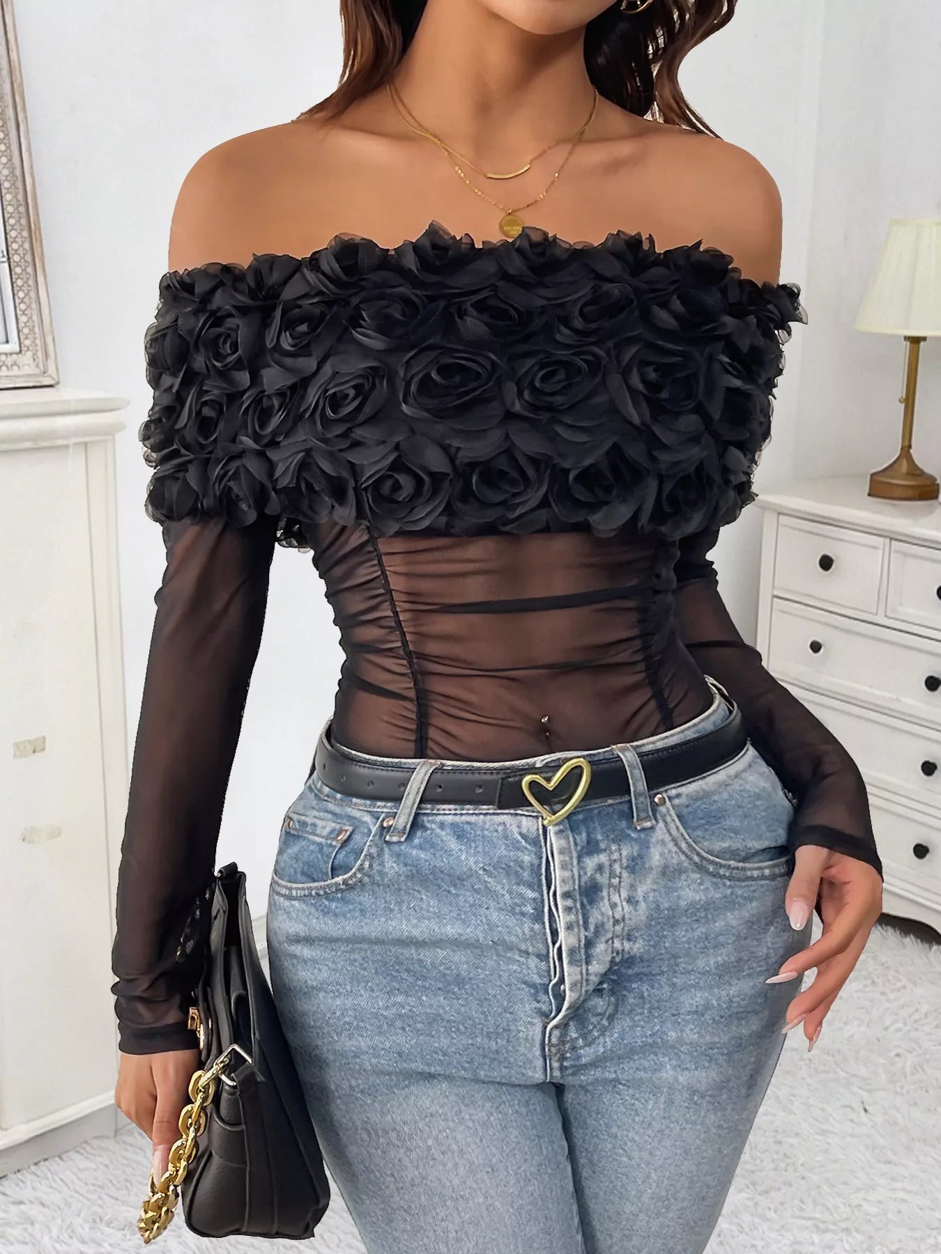 Rose Applique Off-Shoulder Mesh Bodysuit Secondary image