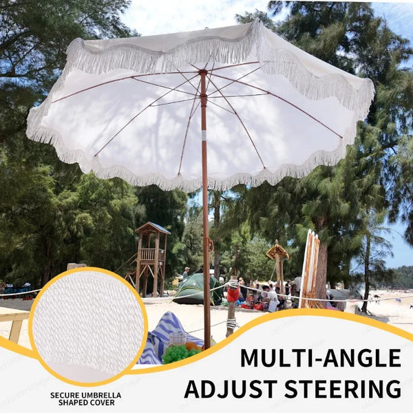 Fringed Beach Umbrella with Wooden Stand