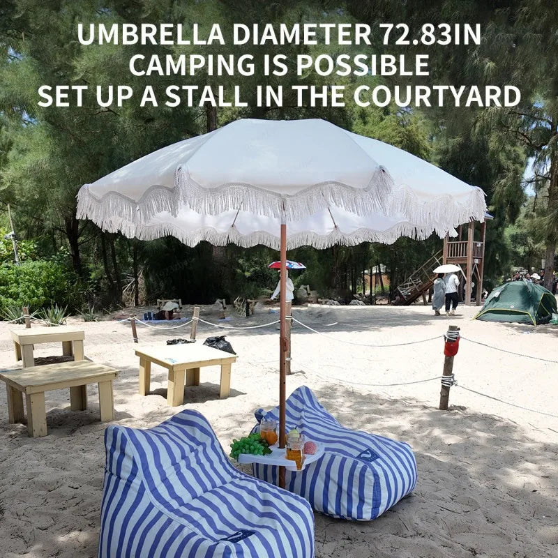 Fringed Beach Umbrella with Wooden Stand