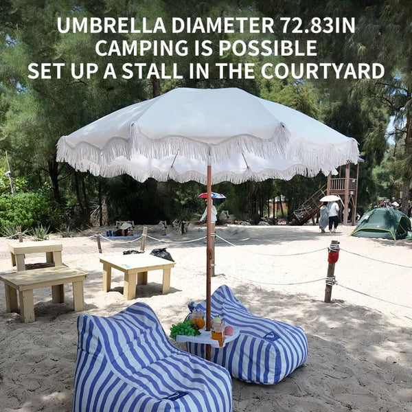 Fringed Beach Umbrella with Wooden Stand