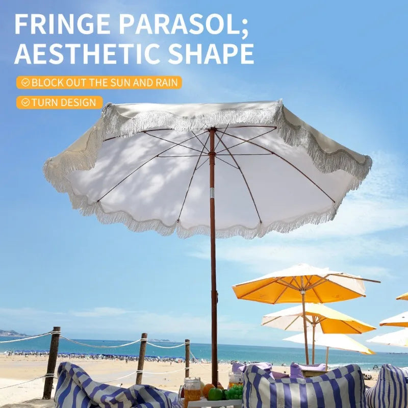 Fringed Beach Umbrella with Wooden Stand