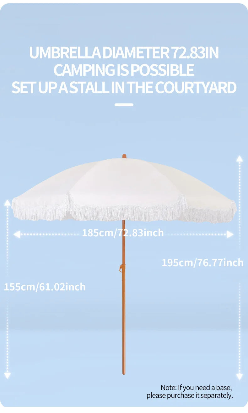 Fringed Beach Umbrella with Wooden Stand