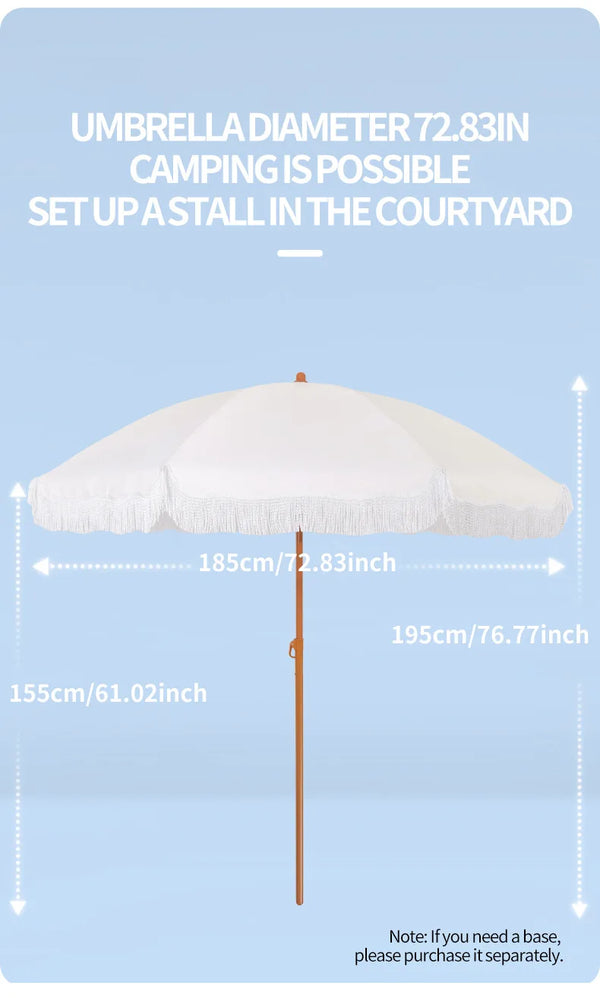 Fringed Beach Umbrella with Wooden Stand