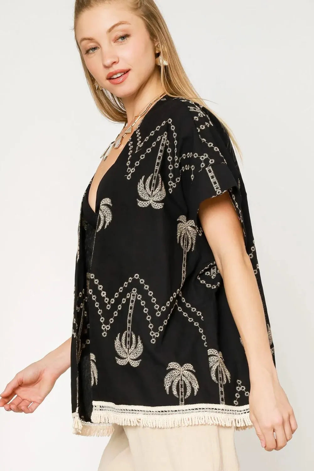 Embroidered Palm Fringe Open-Front Kimono Secondary image