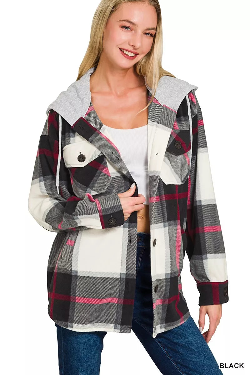 Plaid Hooded Fleece Shacket Secondary image