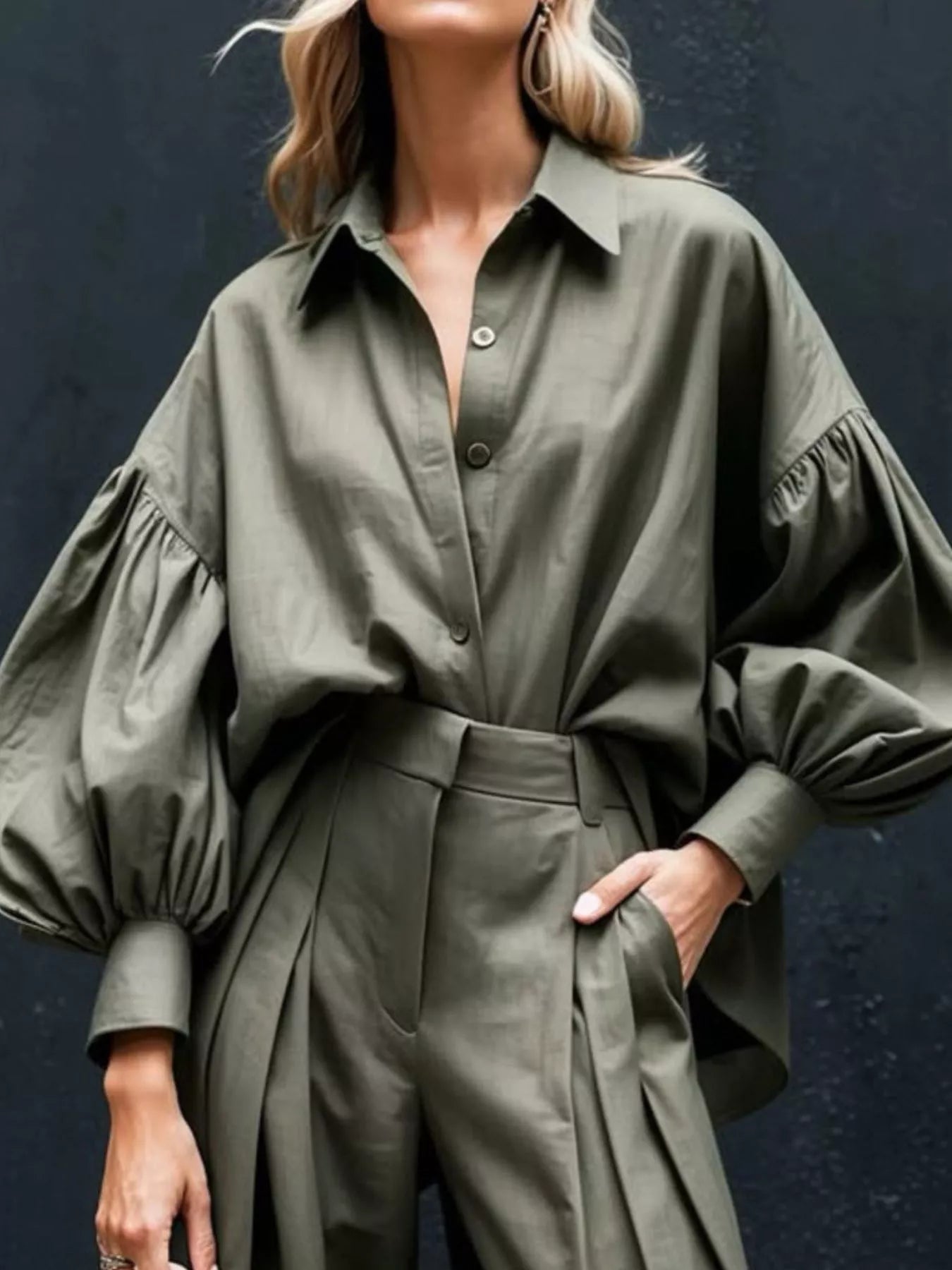 Lantern Sleeve Shirt & Wide-Leg Pants Set Secondary image