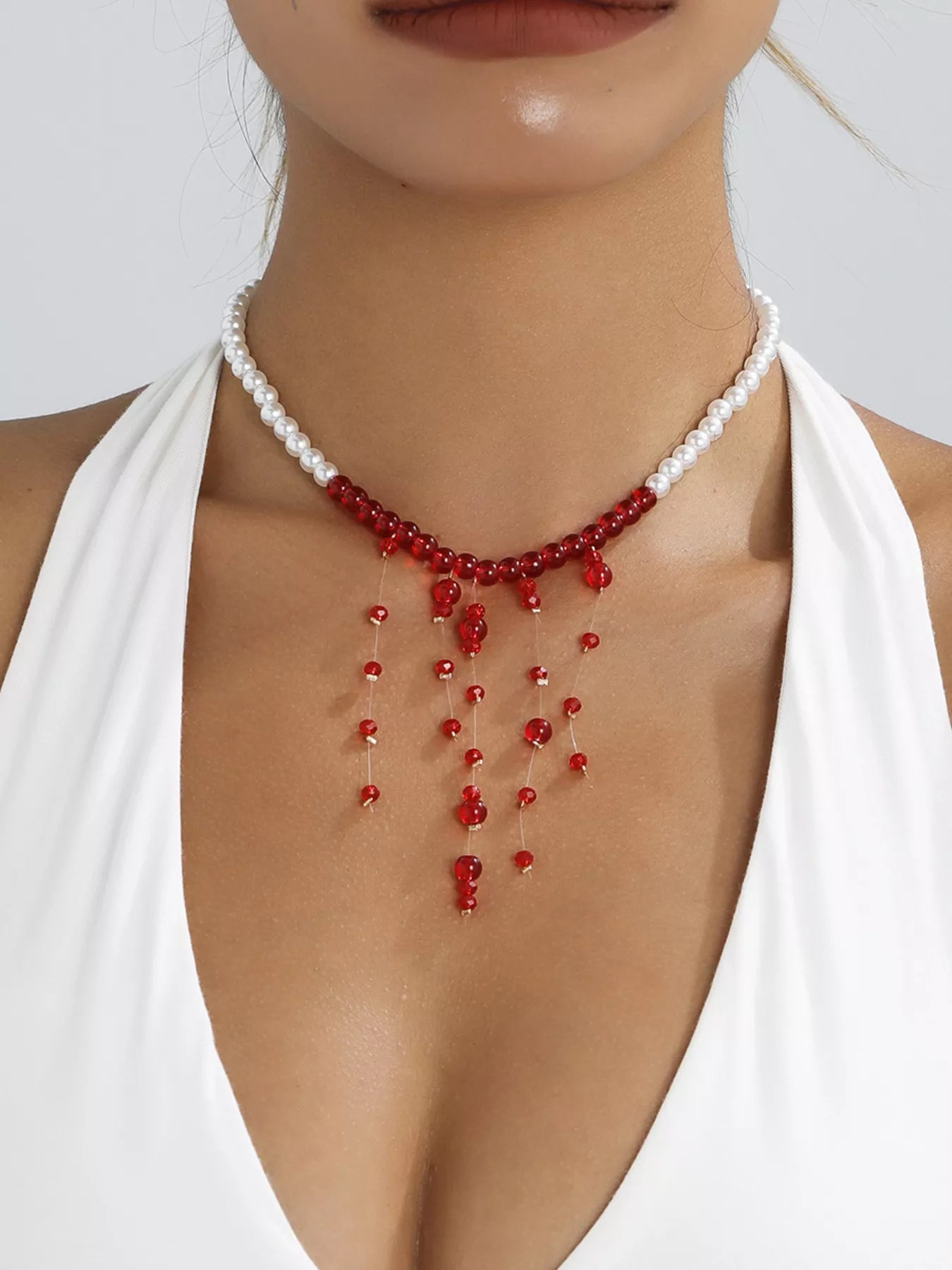Pearl & Red Bead Dangle Necklace Secondary image