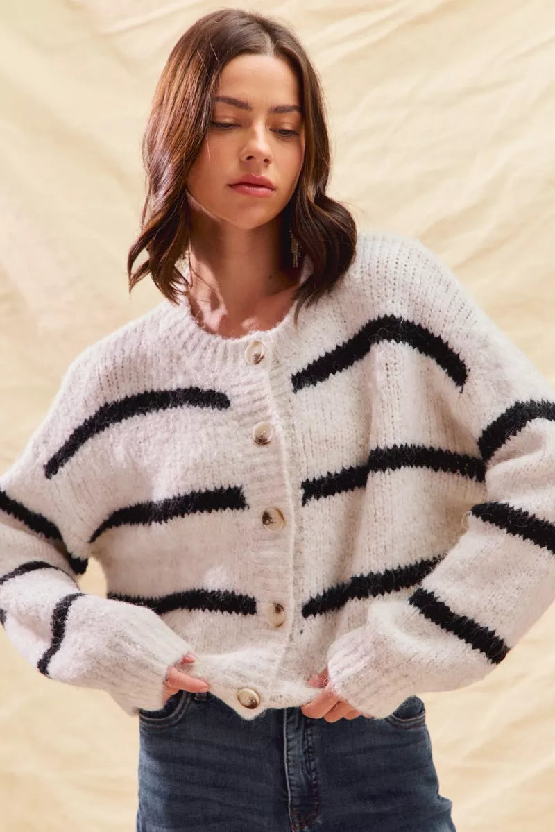Striped Button-Front Cozy Sweater Cardigan Secondary image