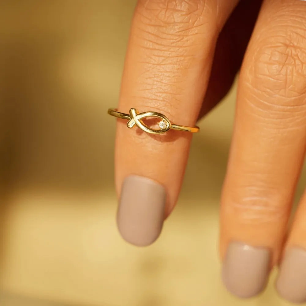 Gold Fish Ring with Zircon Secondary image