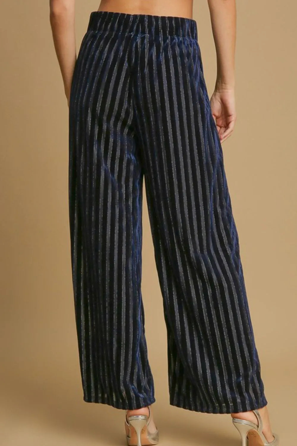Navy Striped Velvet Wide-Leg Pants Secondary image