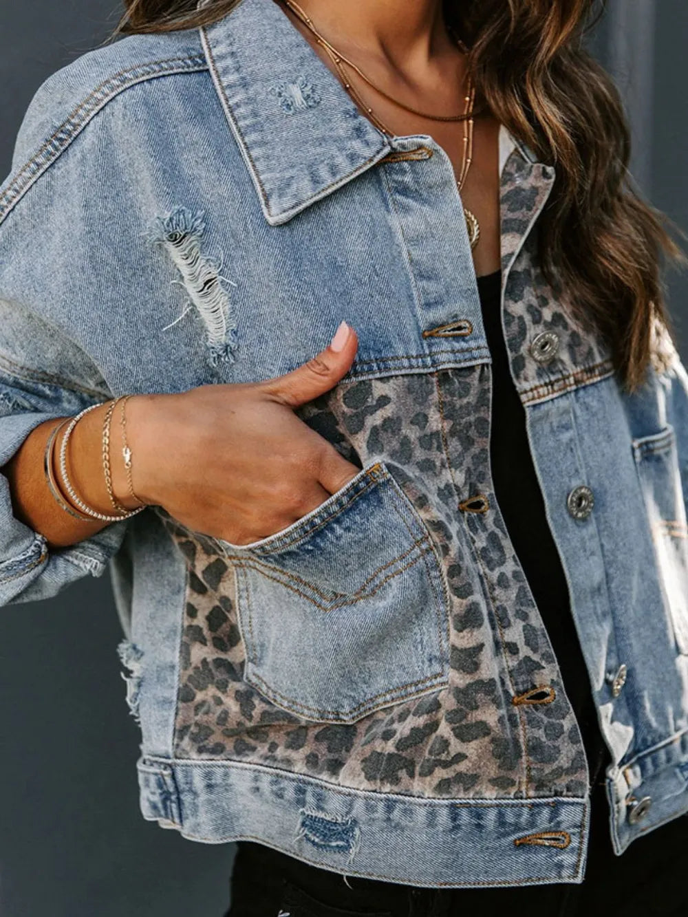 Distressed Leopard Denim Jacket Secondary image