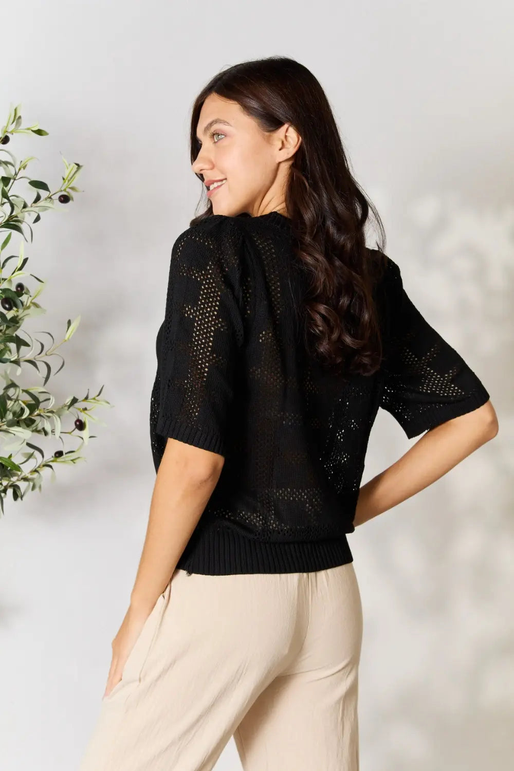 Ribbed Trim Crochet Knit Top Secondary image