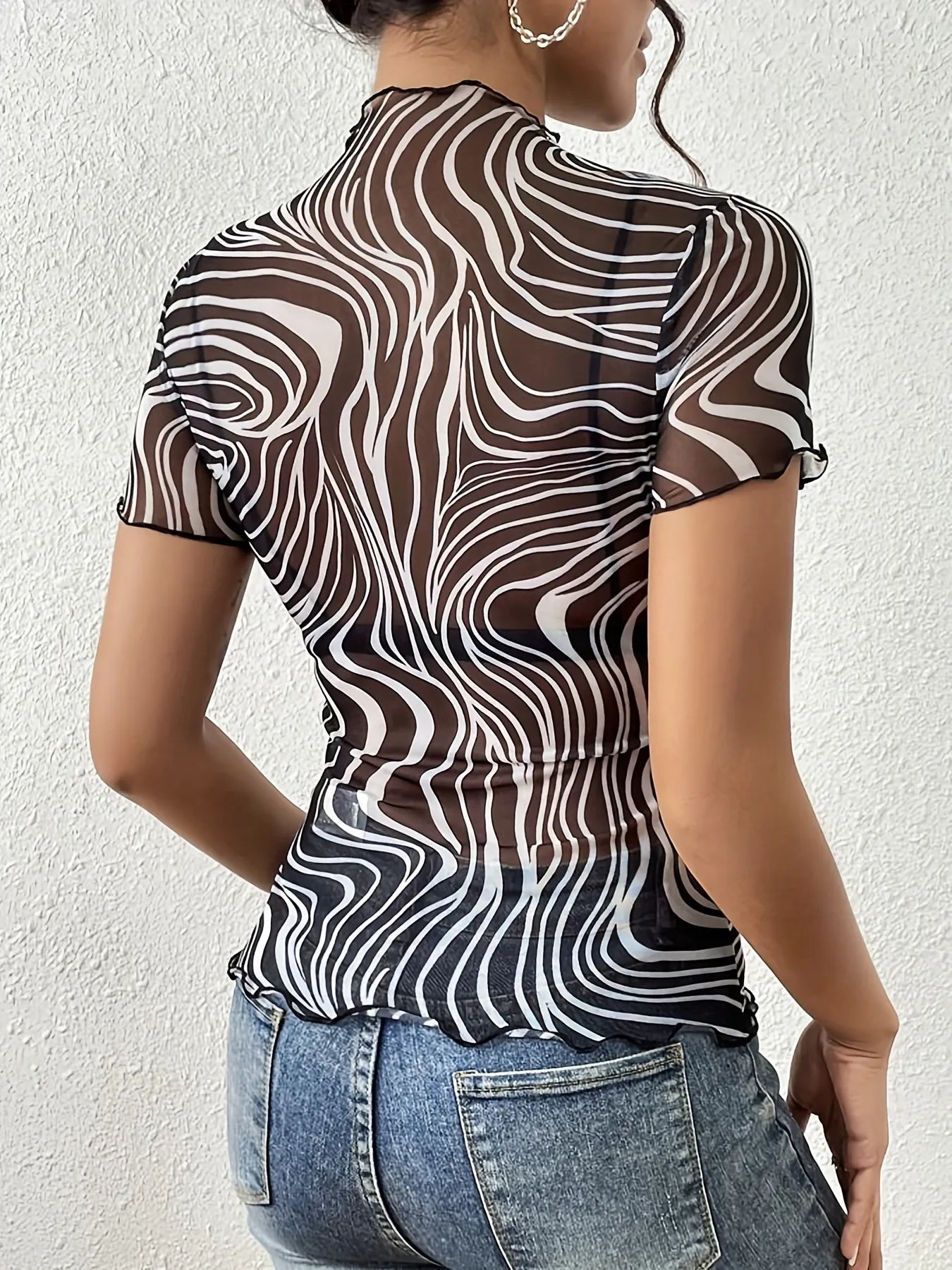 Psychedelic Wave Print Sheer Mesh Mock Neck Top Secondary image