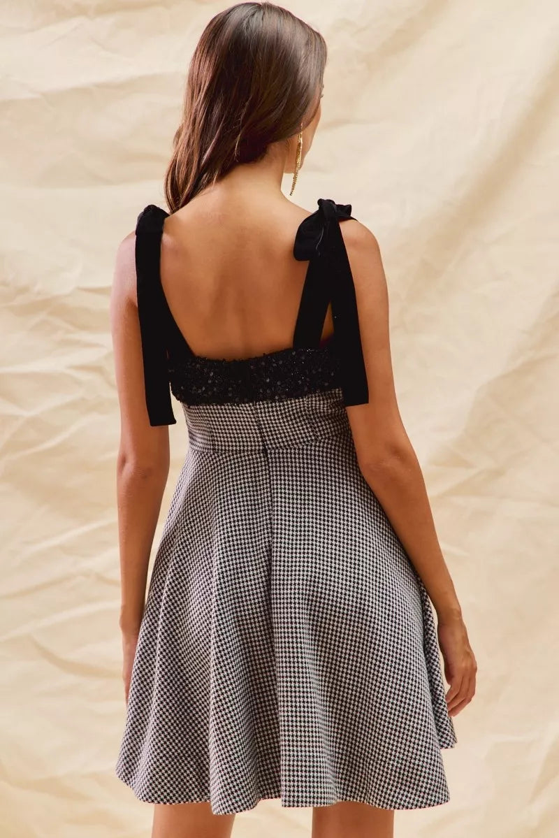 Houndstooth Fit-and-Flare Mini Dress with Shoulder Ties Secondary image