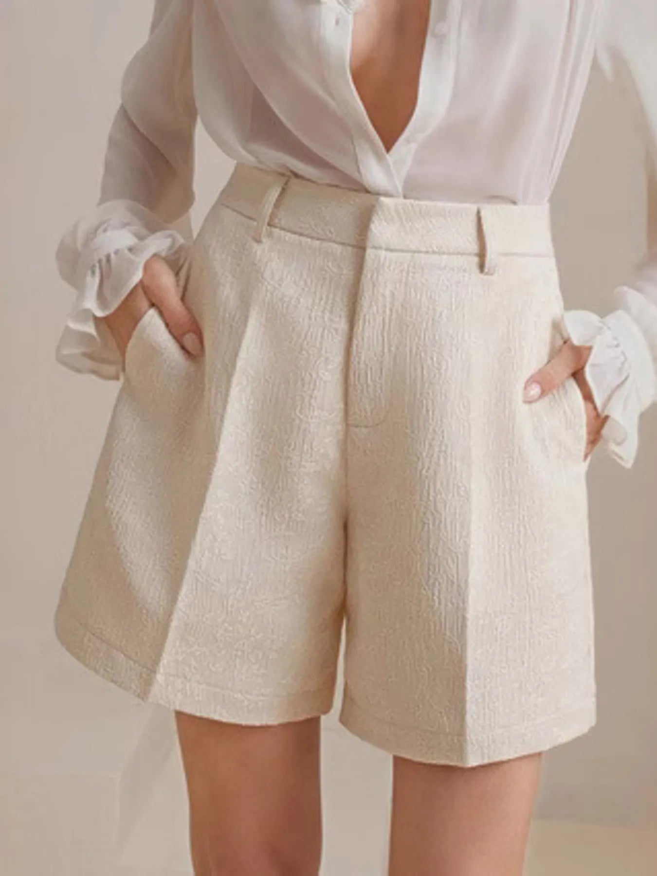 Ivory Textured High-Waist Bermuda Shorts Secondary image