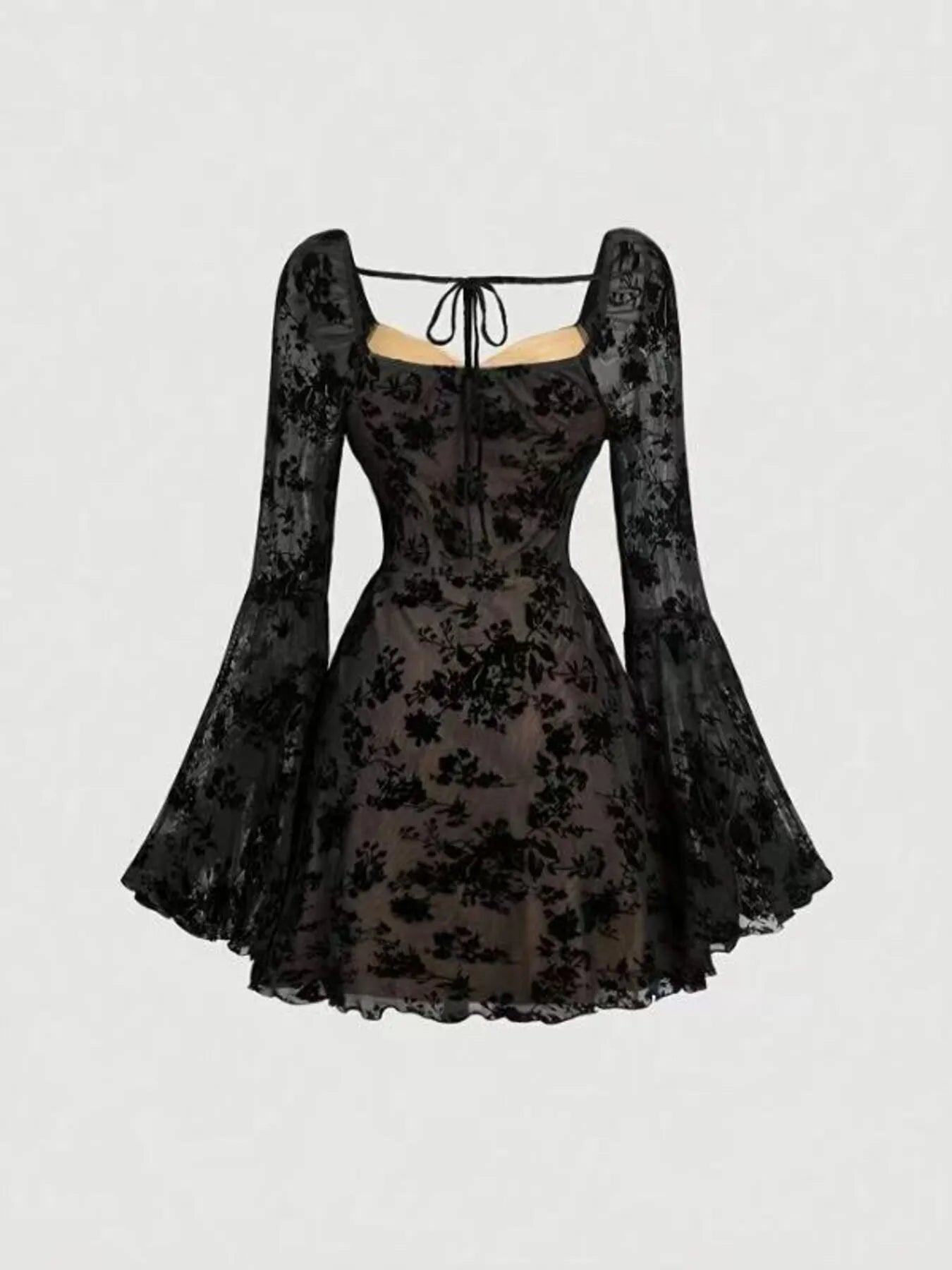 Black Lace Flare-Sleeve Mini Dress Secondary image